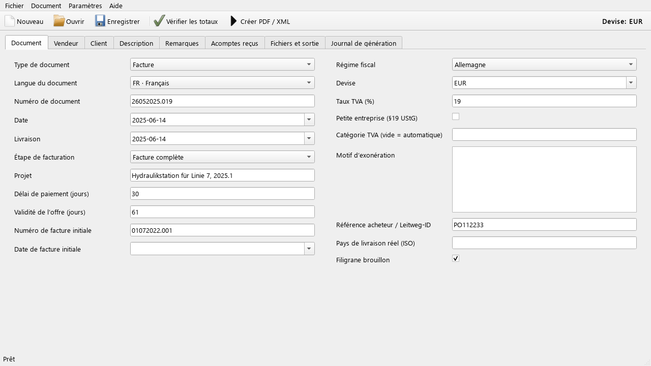 L'interface de bureau de LuaBill. La langue de l'interface et celle du document se choisissent séparément.